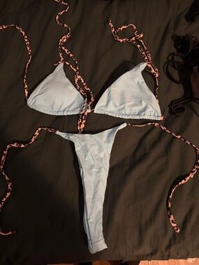 Light Blue Triangle Bikini with Pink Leopard Tie Straps